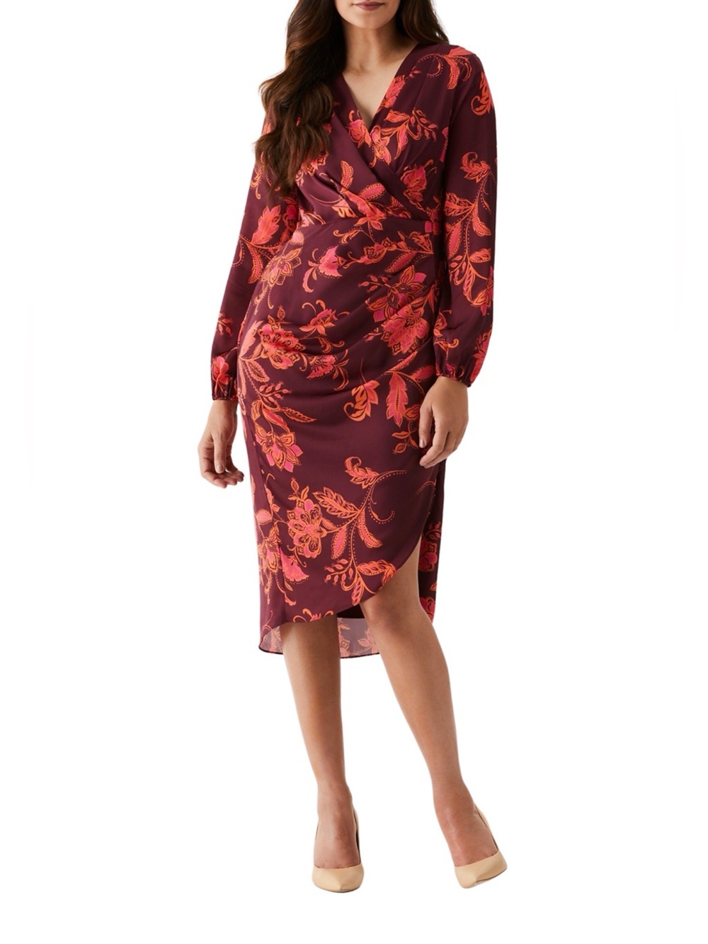 RAFAELLA Faux Floral Wrap Midi Dress in Burgundy and Coral